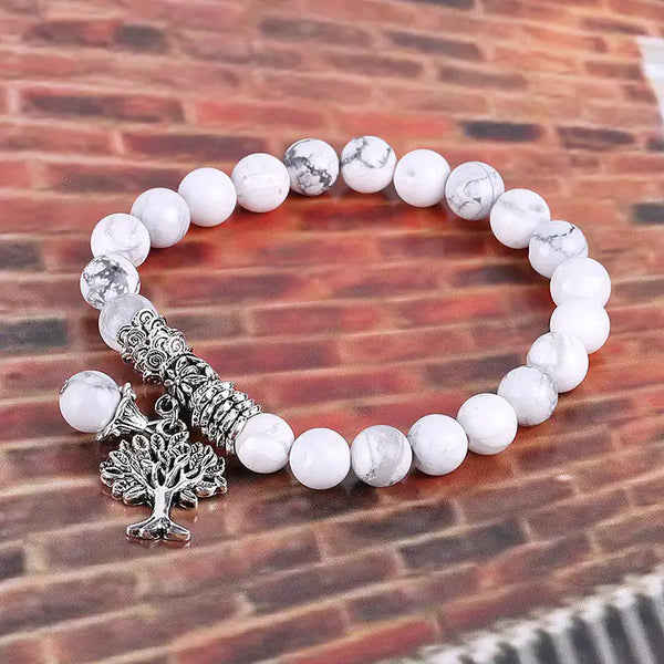 Vintage White Turquoise Bead Bracelet with Tree of Life Charm
