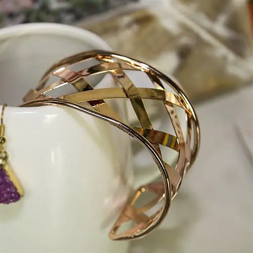 Gold Openwork Wide Cuff Bracelet – Statement Slip‑On Accessory