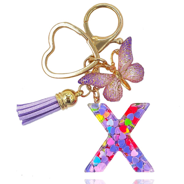 Jekeu Purple “X” Initial Keychain – Tassel & Butterfly Charm