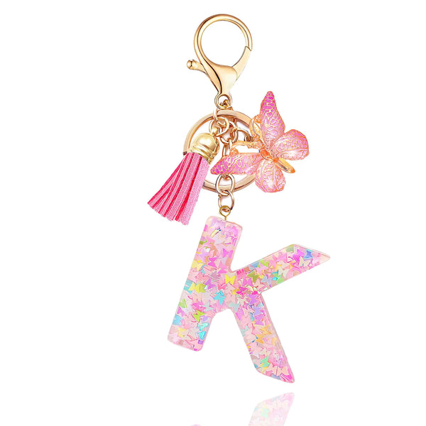 Gisqis Pink “K” Initial Keychain – Butterfly & Tassel Charm