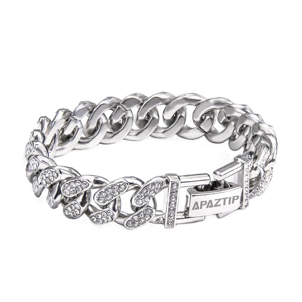 APaztip 12 mm Stainless Steel Iced‑Out Cuban Link Bracelet – Silver 8″