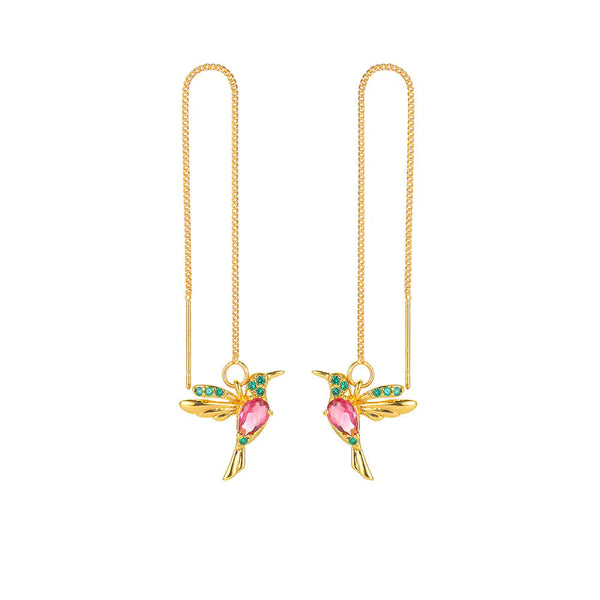 Long Hummingbird Threader Tassel Drop Earrings – Crystal Bird Pendant