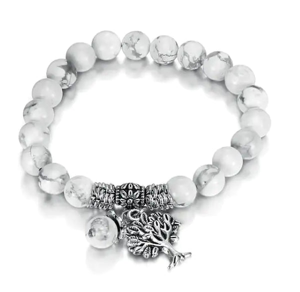 Vintage White Turquoise Bead Bracelet with Tree of Life Charm
