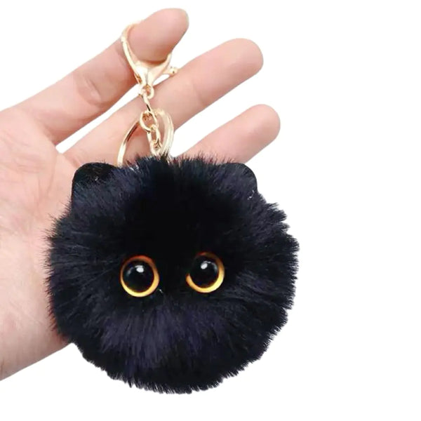 TVRTFQ Black Cat Pom Pom Plush Keychain – Cute Kawaii Cat Head Accessory