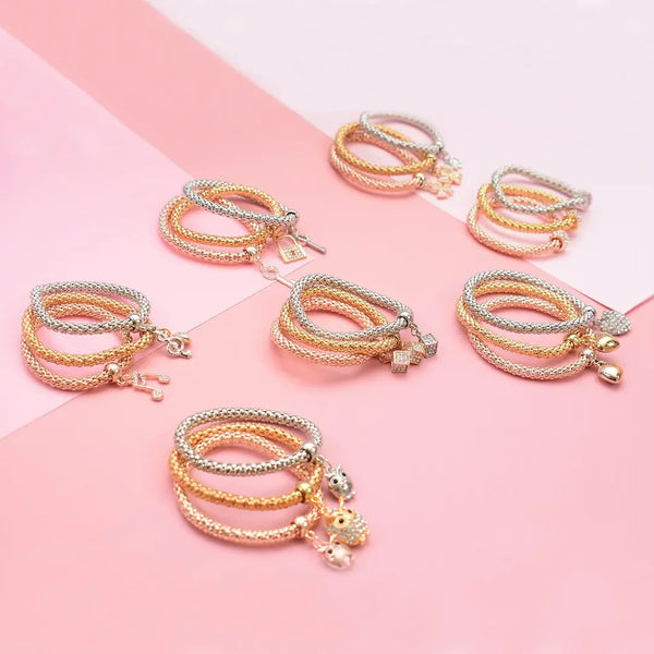 GSR Posh Owl 3‑Piece Rose Gold & Silver Bracelet Set