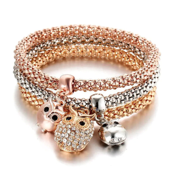 GSR Posh Owl 3‑Piece Rose Gold & Silver Bracelet Set