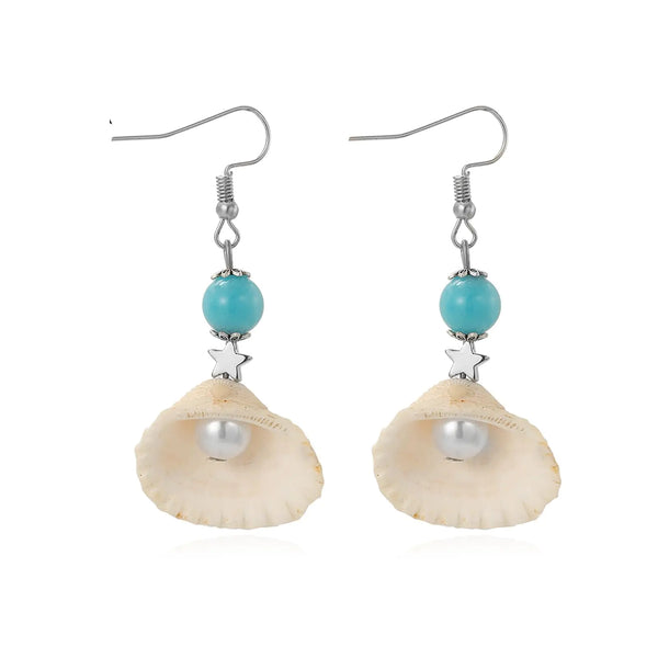 Seashell Pearl Dangle Earrings – Fan‑Shaped Nautical Beach Jewelry