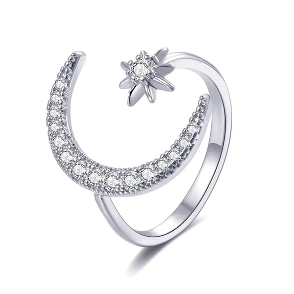 Adjustable Crescent Moon & Star CZ Ring – Silver