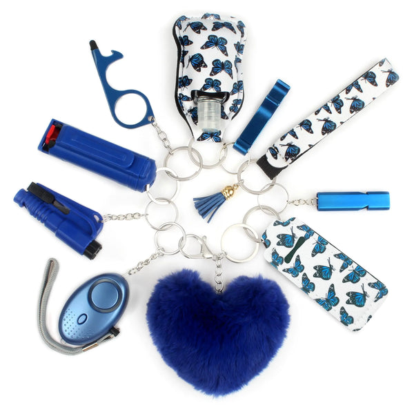 Zesirmay Women’s Safety Keychain Set – 125 dB Alarm, Pom Pom, Whistle, Sanitizer & Window Breaker (Cool Blue)